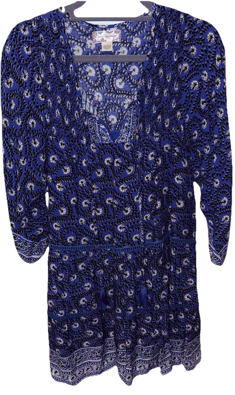 BOG Collective Blue & White Floral Tassel Tunic Mini Dress Size Small